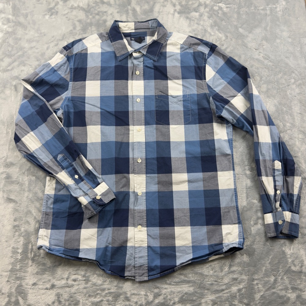 Gap Mens Classic Fit Blue White Buffalo Plaid Cotton Button Down Shirt Large
